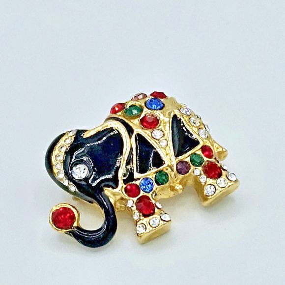 Vintage Jeweled Elephant Brooch Black Enamel Indian Asian Gold Tone Jewelry Pin - Picture 2 of 10